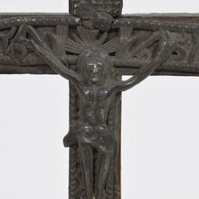 Small pewter Christ figure on a wooden cross, France circa 1650-1750