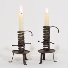 Couple forged iron rat de cave candleholders, France early 20th century