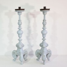 Pair carved wooden baroque candleholders, Italy circa 1650-1750