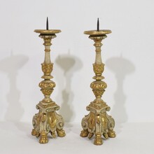 Pair carved wooden baroque candleholders, Italy circa 1750-1780