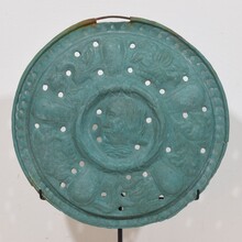 A mounted folk art brass bassinoire cover, France circa 1600-1700