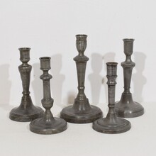 Collection of 5 pewter candleholders, France circa 1750-1850