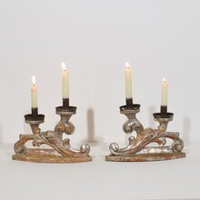 Couple baroque carved wooden and silvered candleholders, Italy circa 1750