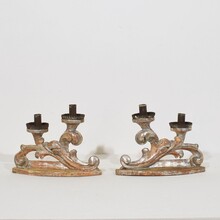 Couple baroque carved wooden and silvered candleholders, Italy circa 1750