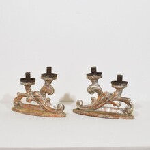 Couple baroque carved wooden and silvered candleholders, Italy circa 1750