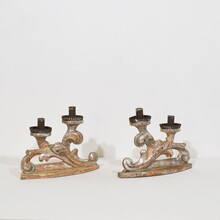 Couple baroque carved wooden and silvered candleholders, Italy circa 1750