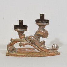 Couple baroque carved wooden and silvered candleholders, Italy circa 1750