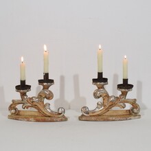 Couple baroque carved wooden and silvered candleholders, Italy circa 1750