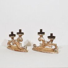 Couple baroque carved wooden and silvered candleholders, Italy circa 1750