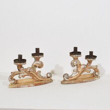 Couple baroque carved wooden and silvered candleholders, Italy circa 1750