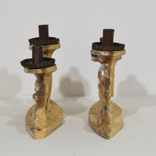 Couple baroque carved wooden and silvered candleholders, Italy circa 1750