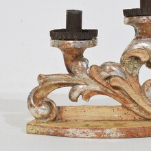 Couple baroque carved wooden and silvered candleholders, Italy circa 1750