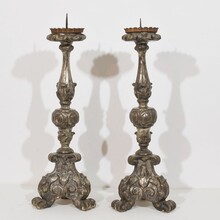 Couple baroque carved wooden candleholders, Italy circa 1750-1800
