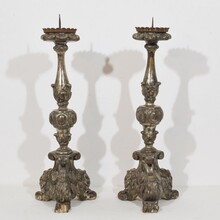 Couple baroque carved wooden candleholders, Italy circa 1750-1800