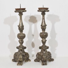 Couple baroque carved wooden candleholders, Italy circa 1750-1800