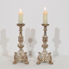 Couple neoclassical silvered wooden candlesticks, Italy circa 1760-1780