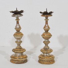 Couple neoclassical silvered wooden candleholders, Italy circa 1750-1800