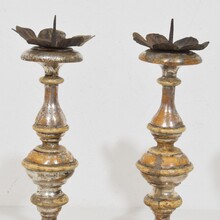 Couple neoclassical silvered wooden candleholders, Italy circa 1750-1800