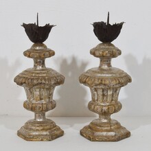 Couple neoclassical silvered wooden candlesticks, Italy circa 1760-1800