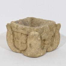 Gothic hand carved stone mortar with coat of arms, France circa 1550-1600