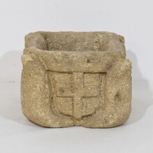 Gothic hand carved stone mortar with coat of arms, France circa 1550-1600