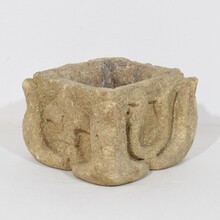 Gothic hand carved stone mortar with coat of arms, France circa 1550-1600