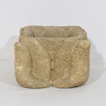 Gothic hand carved stone mortar with coat of arms, France circa 1550-1600