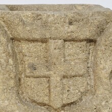Gothic hand carved stone mortar with coat of arms, France circa 1550-1600