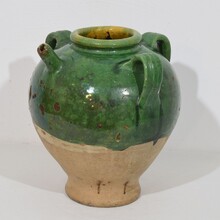 Glazed earthenware walnut oil jug, France circa 1850-1900