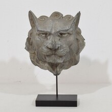 Pair zinc mythical lion-wolf head fragments, France circa 1850-1900