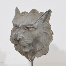 Pair zinc mythical lion-wolf head fragments, France circa 1850-1900