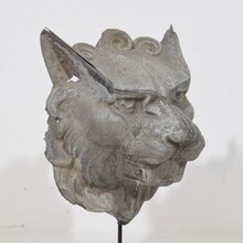 Pair zinc mythical lion-wolf head fragments, France circa 1850-1900