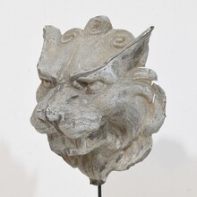 Pair zinc mythical lion-wolf head fragments, France circa 1850-1900