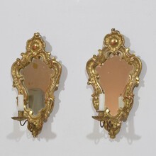 Pair giltwood wall candleholders/ sconces with mirrors, Italy circa 1850