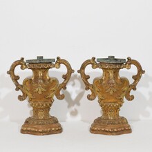 Pair baroque carved wooden candleholders, Italy circa 1700-1750
