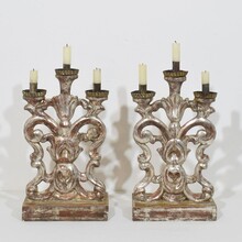 Pair silvered wooden baroque candleholders, Italy circa 1750- 1780